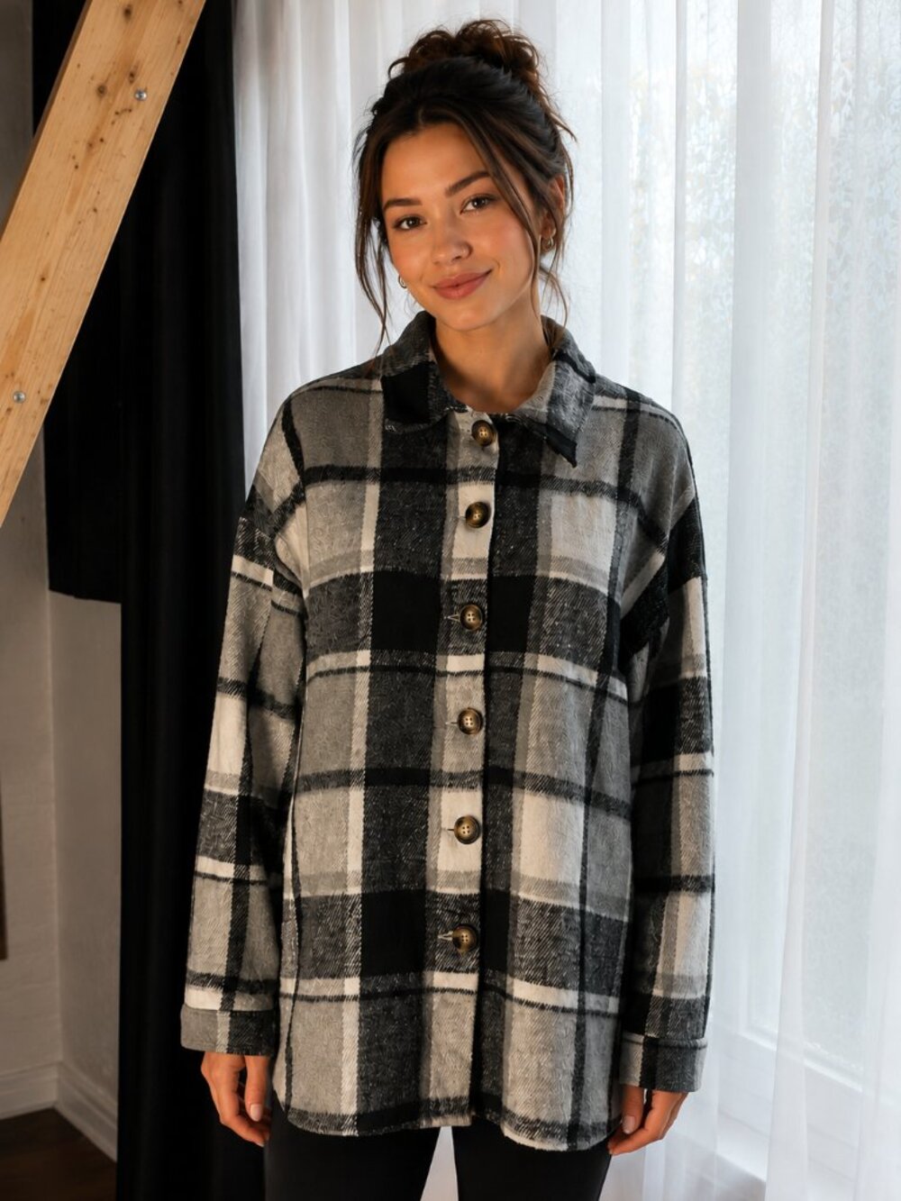 Black Gray White Plaid Shacket Shirt Jacket Button Front Size L